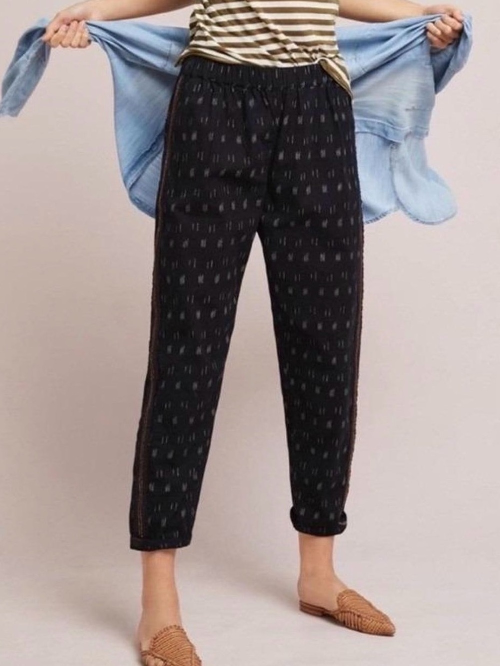 ANTHROPOLOGIE XL Cotton Black Ikat Beach Pants Metallic Beaded Tuxedo Stripe